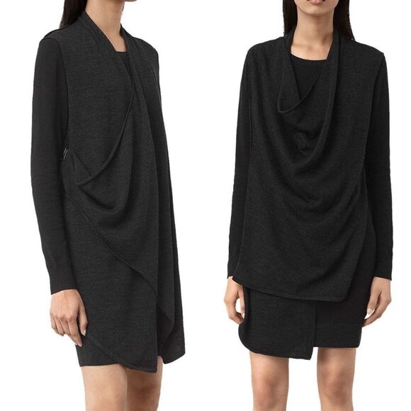 AllSAINTS Drina Draped Long Sleeve Mini Dress Charcoal Black 2 - Picture 9 of 13